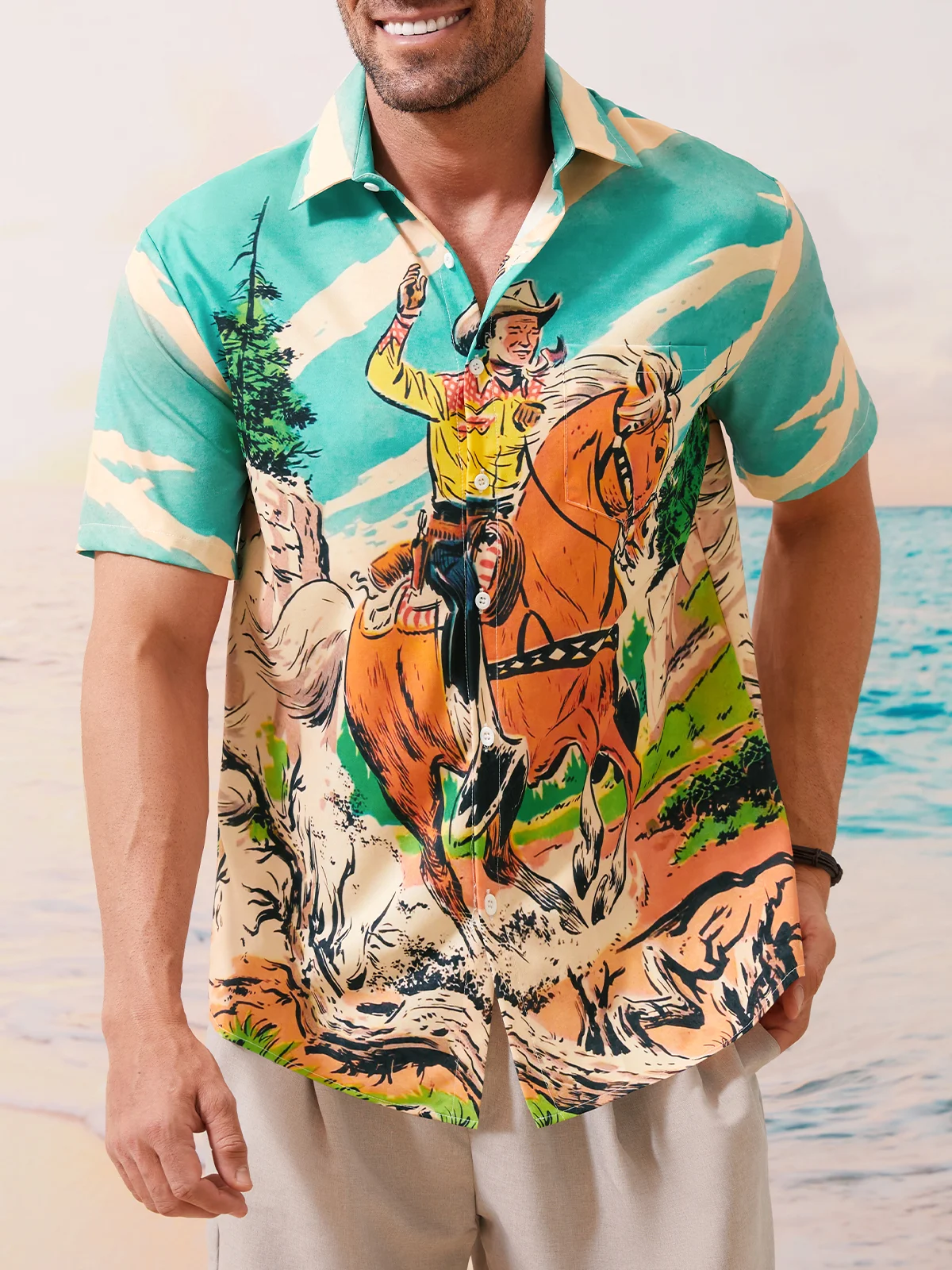 Men's Kentucky Derby Retro Western Cowboy Pocket Equestrian Casual Loose Comics Print Up To 4XLT Shirt