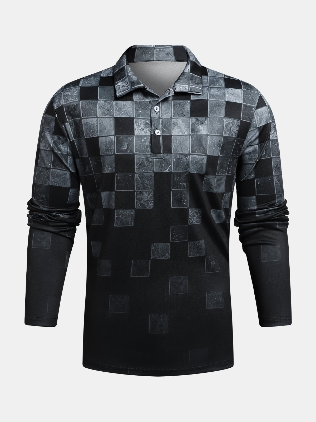 Gradient Geometric Color-Block Button Long Sleeve Polo