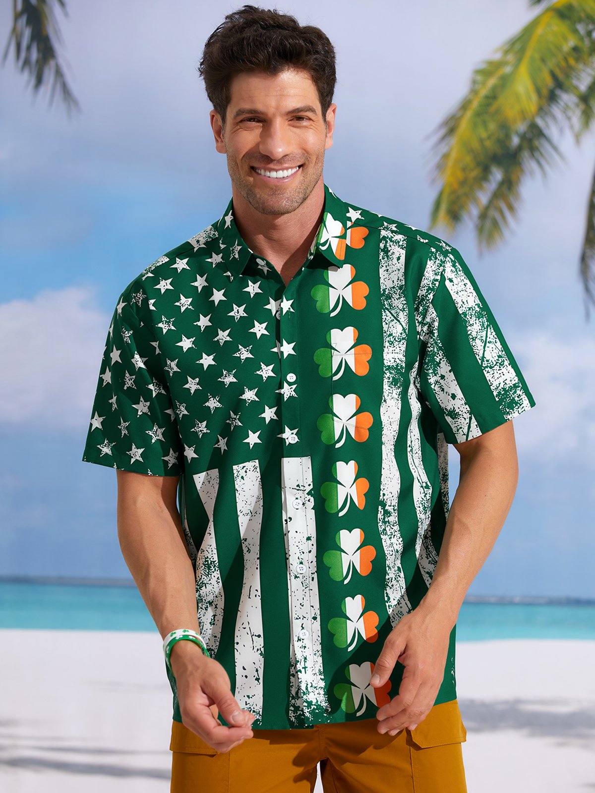 Hardaddy Hawaiian Button Up Shirt for Men Green St. Patrick's Day Lucky Clover American Flag Sharmark Regular Fit Short Sleeve Shirt St Paddy's Day Shirt