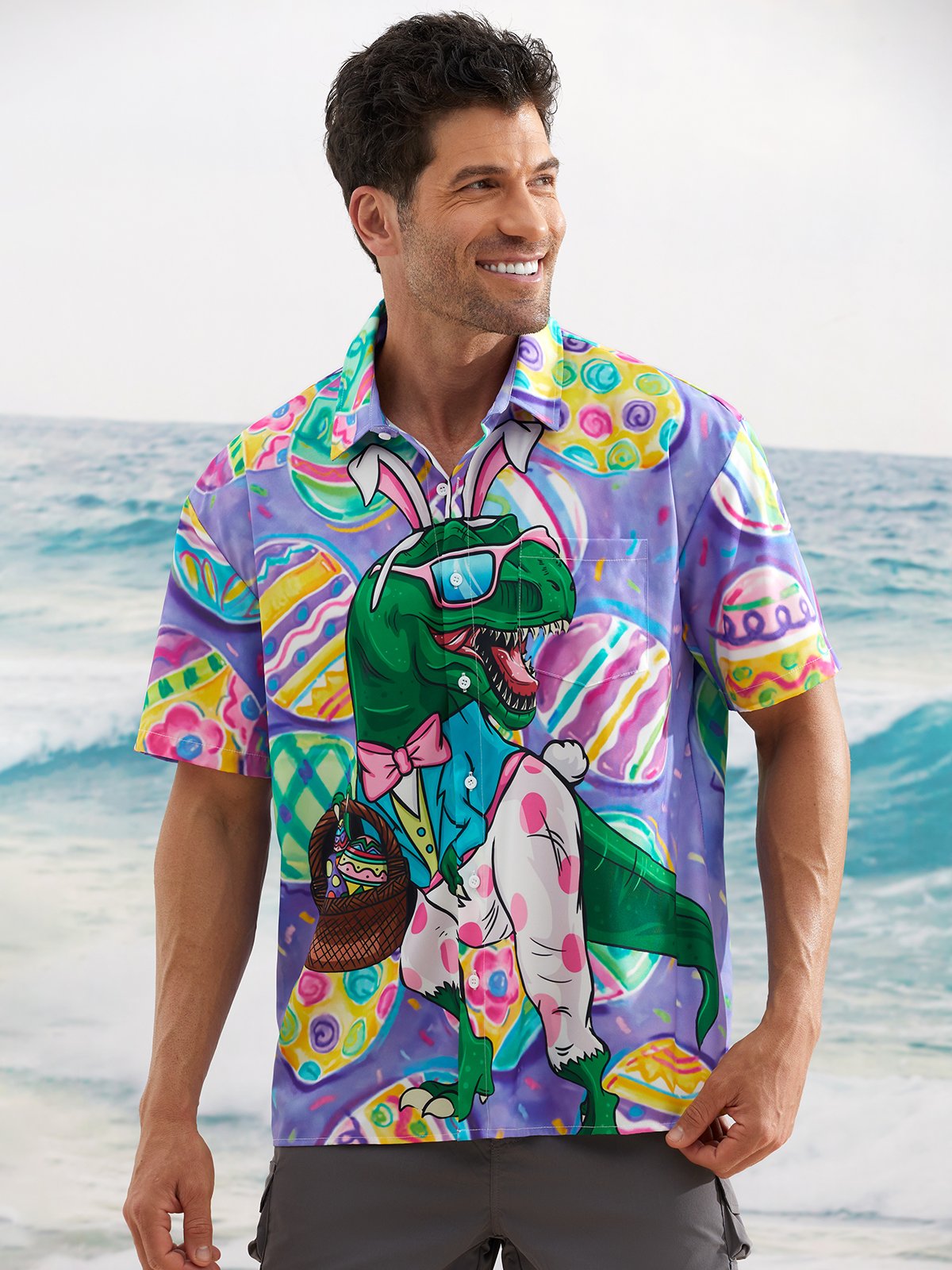 Hardaddy Easter Shirts Dinosaur Easter Egg Purple Regular Fit Chest Pocket Short Sleeve Shirt For Men