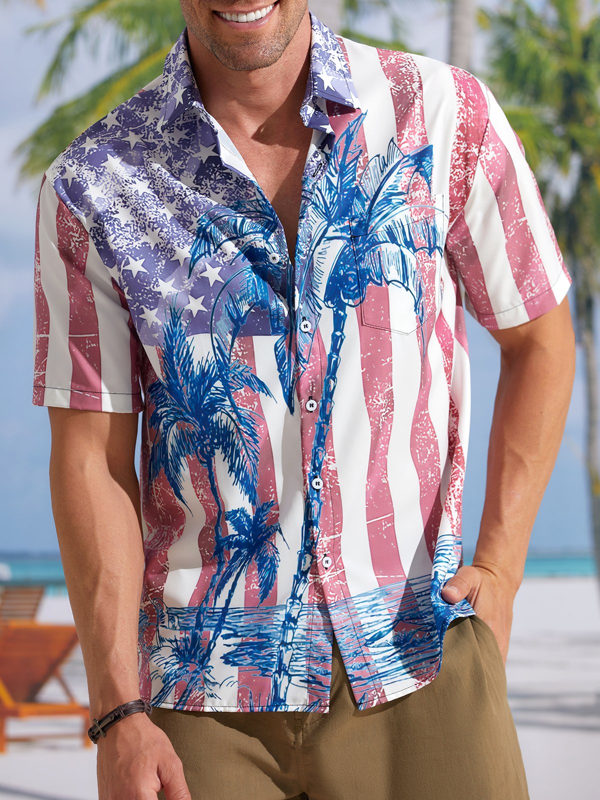 Hardaddy American Flag Coconut Tree Chest Pocket Short Sleeve Hawaiian Shirt