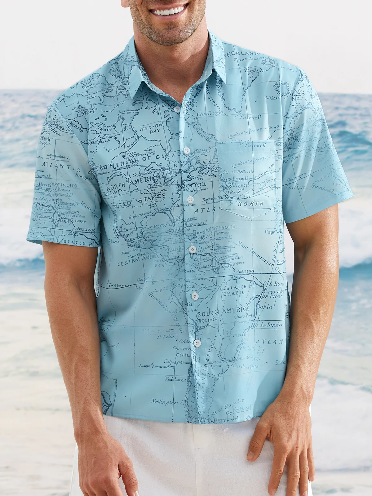 Hardaddy Mens Navigation Map Printed Casual Breathable Short Sleeve Shirt