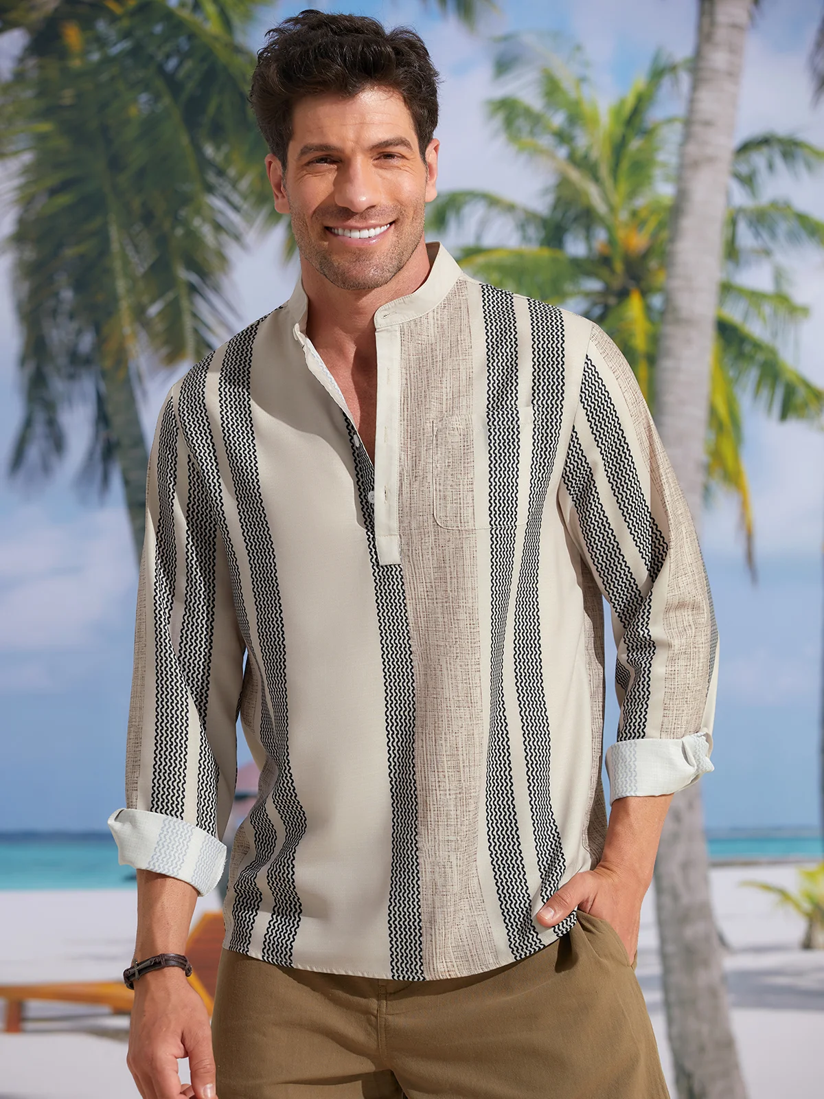 Hardaddy Men Striped Casual Spring/Fall Polyester Holiday Regular Fit Long sleeve Regular H-Line Casual Shirts