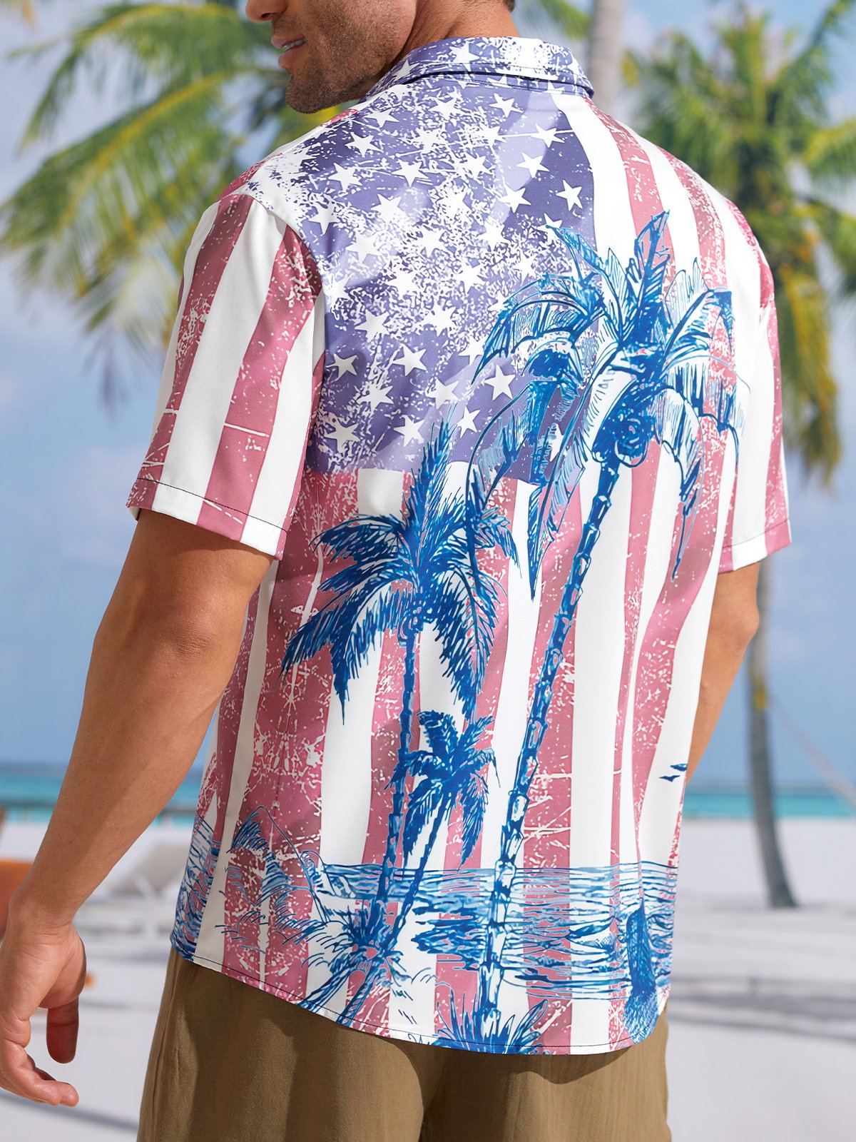 Hardaddy American Flag Coconut Tree Chest Pocket Short Sleeve Hawaiian Shirt