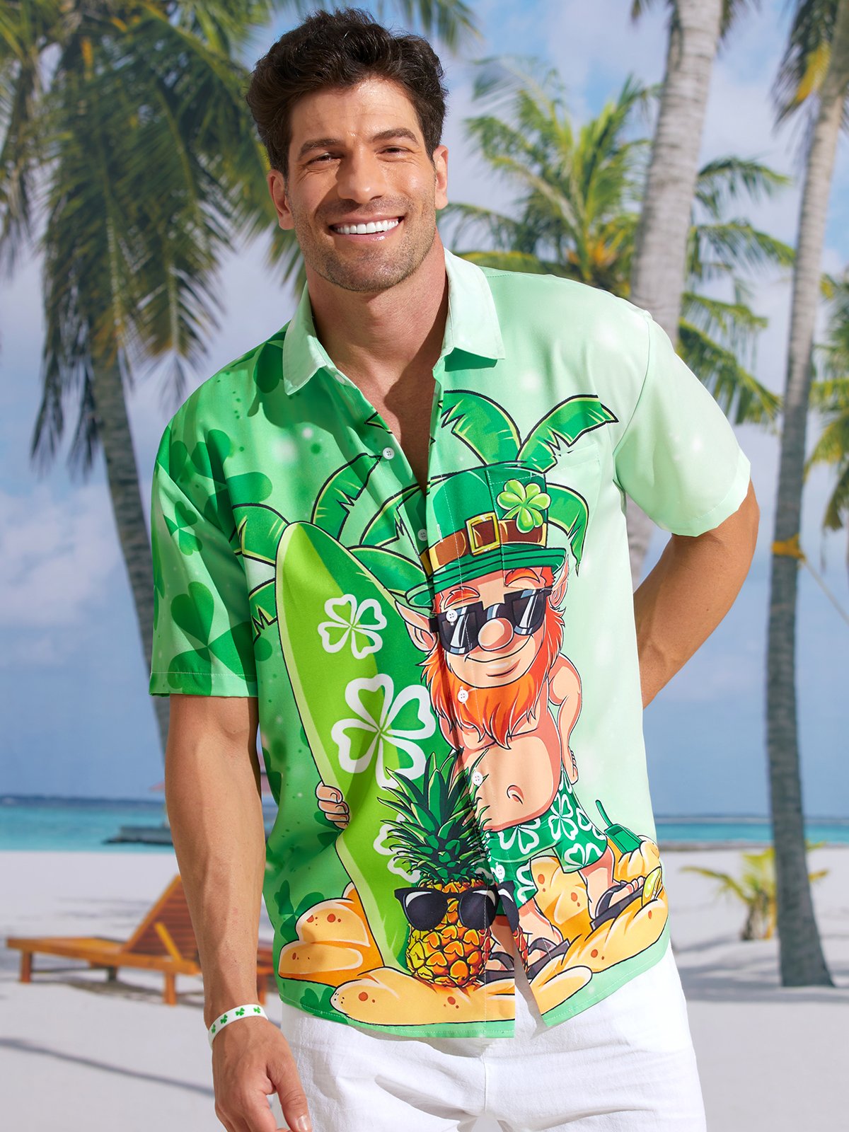 Hardaddy Hawaiian Button Up Shirt for Men Green St. Patrick's Day Lucky Clover Beach Paddleboard Regular Fit Short Sleeve Shirt St Paddy's Day Shirt