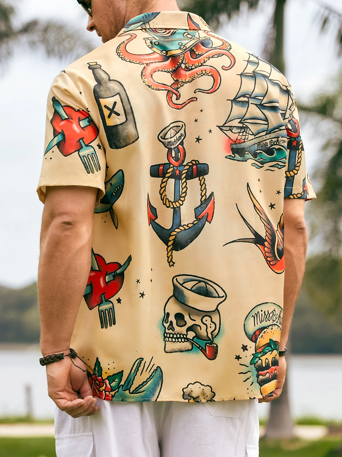 Hardaddy Mens Hawaiian Sailing Print Camp Collar Loose Short Sleeve Funky Tattoo Hawaiian Shirt