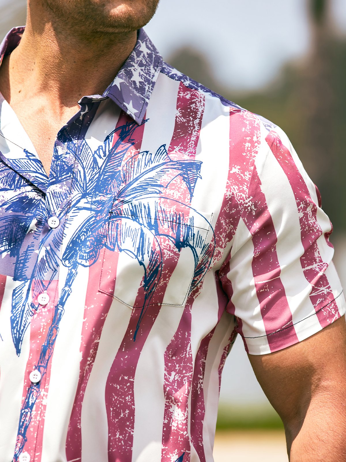 Hardaddy American Flag Coconut Tree Chest Pocket Short Sleeve Hawaiian Shirt