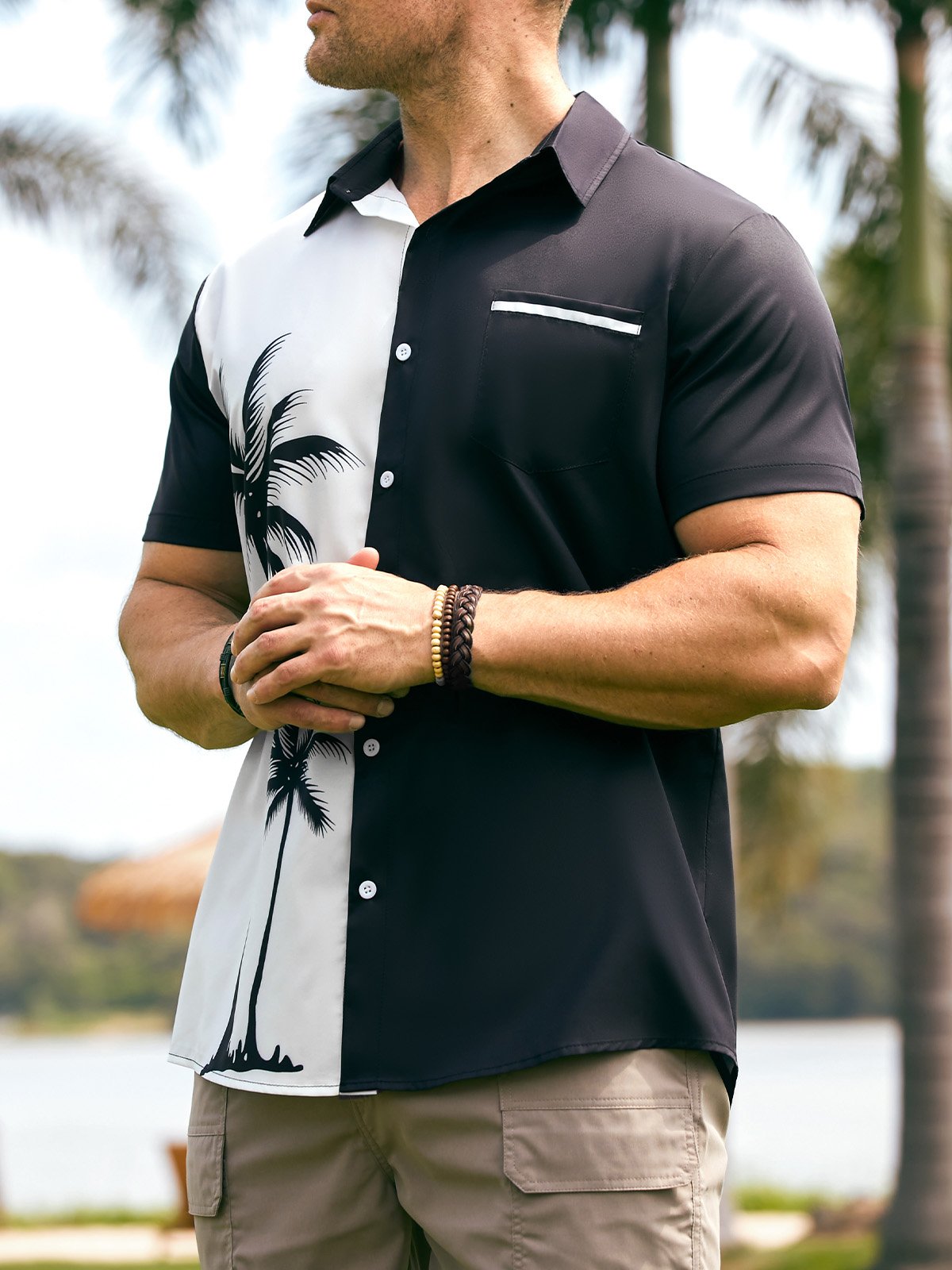 Hardaddy Resort Style Hawaiian Series Coconut Tree Element Lapel Short-Sleeved Printed Shirt Top