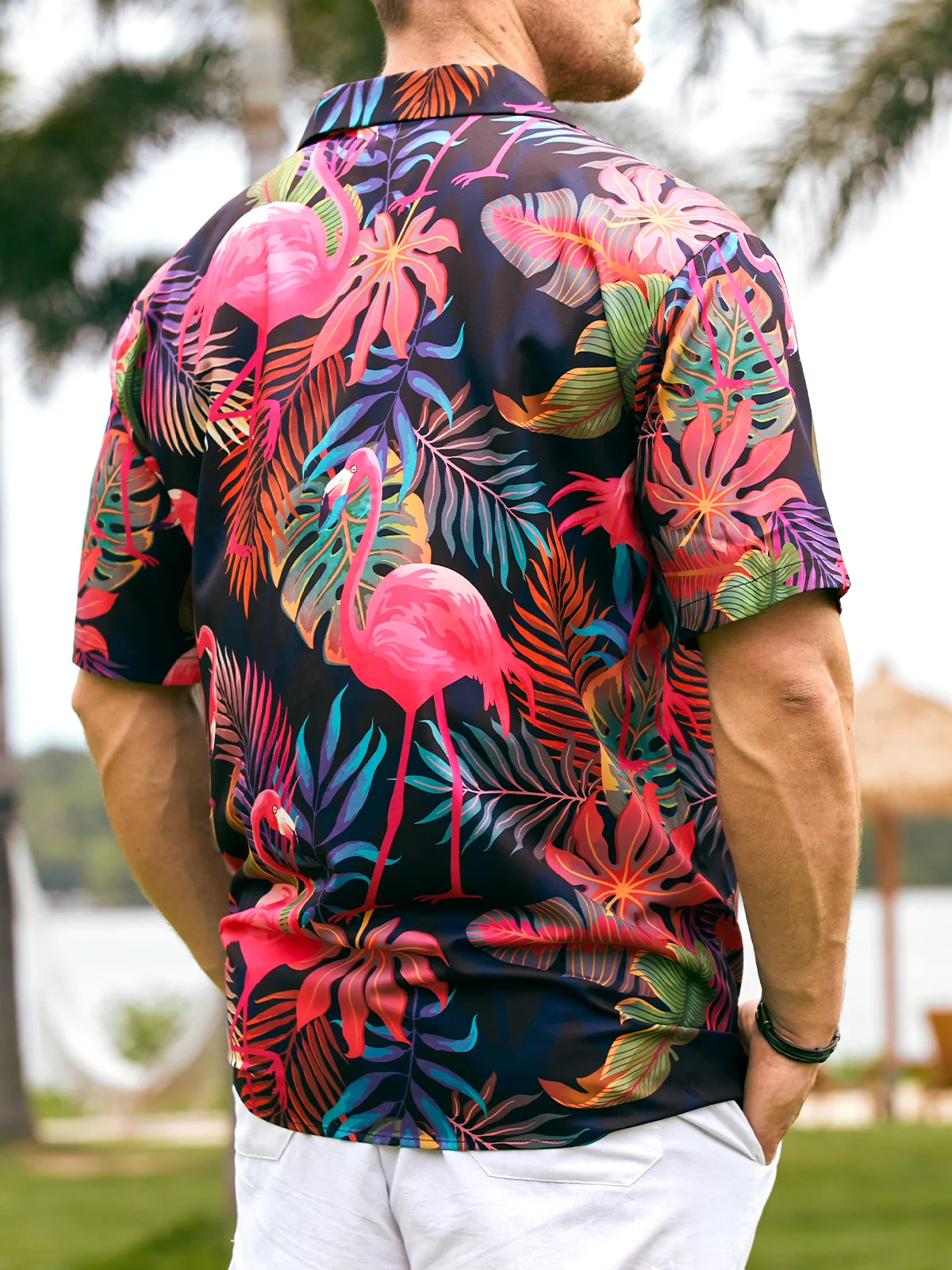 Hardaddy Men's Botanical Flamingo Print Casual Short Sleeve Hawaiian Shirt