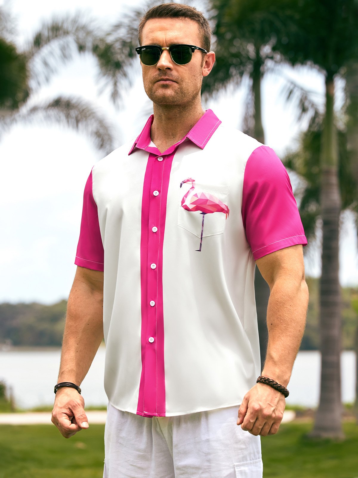Hardaddy Pink Flamingo Graphic Men's Casual Short Sleeve Hawaiian Shirt
