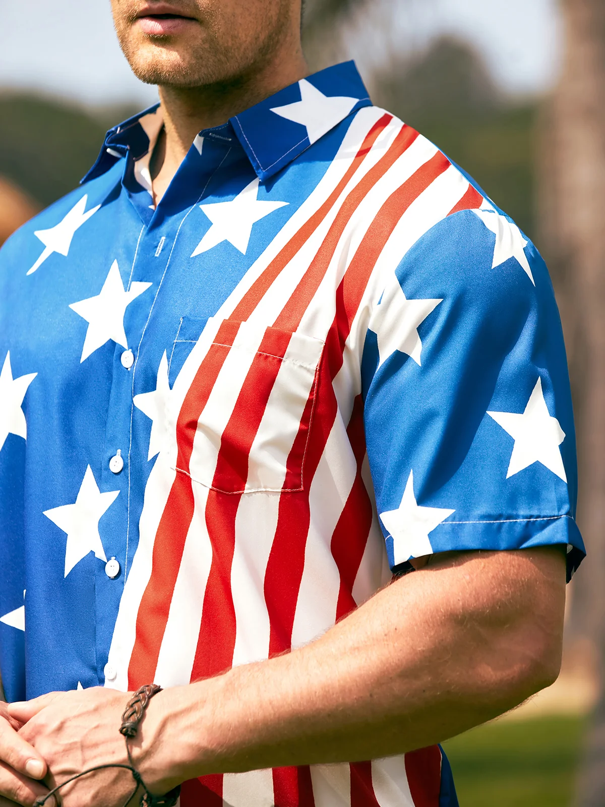 Hardaddy Mens American Flag Casual Breathable Chest Pocket Short Sleeve Hawaiian Shirt