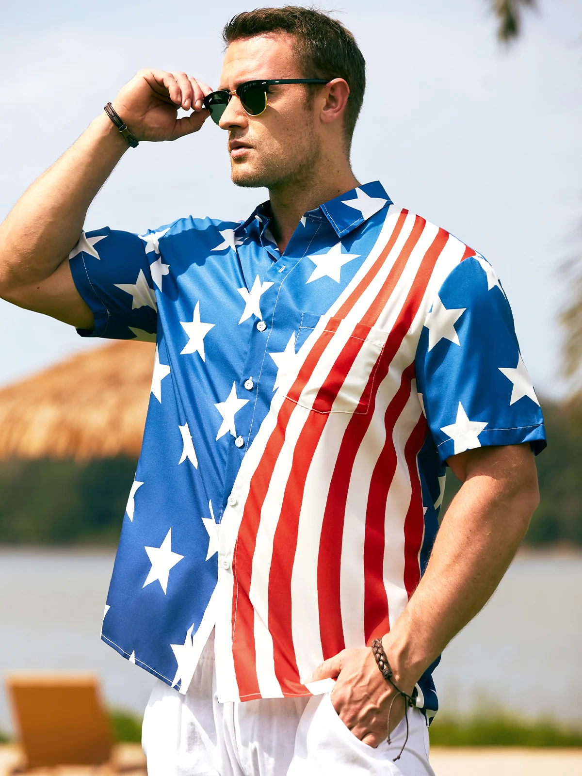 Hardaddy Mens American Flag Casual Breathable Chest Pocket Short Sleeve Hawaiian Shirt