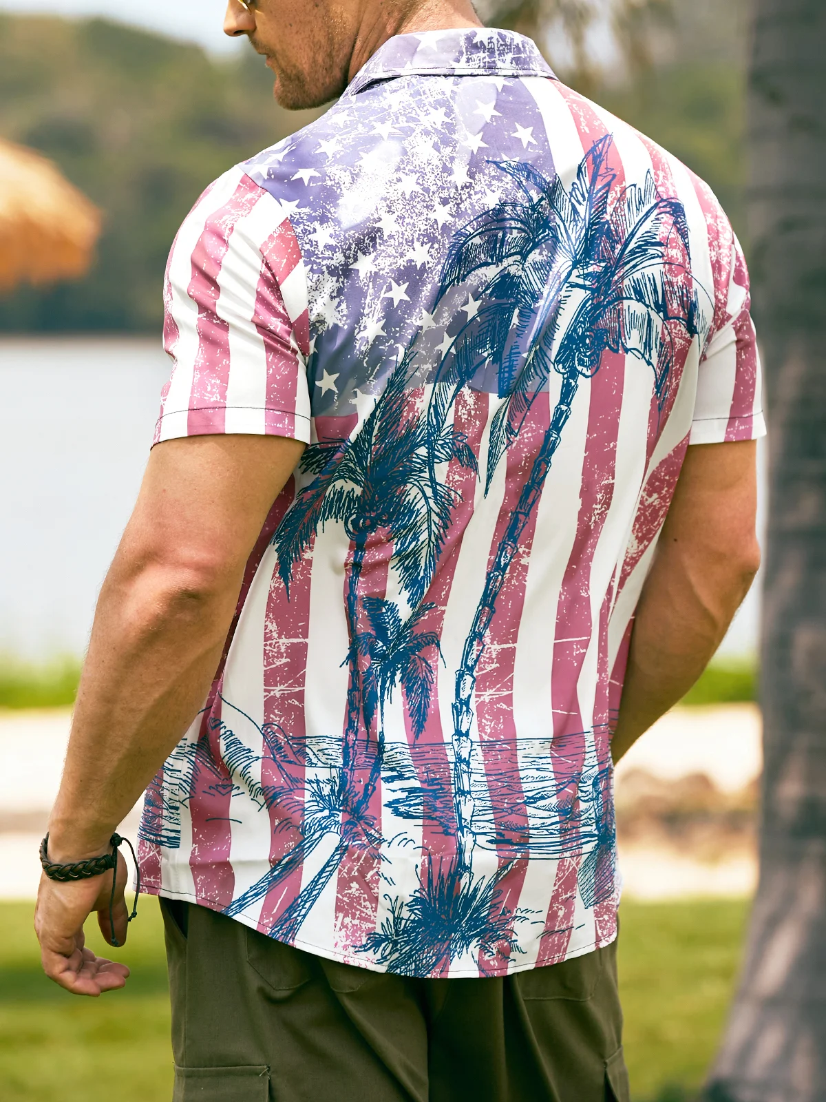 Hardaddy American Flag Coconut Tree Chest Pocket Short Sleeve Hawaiian Shirt