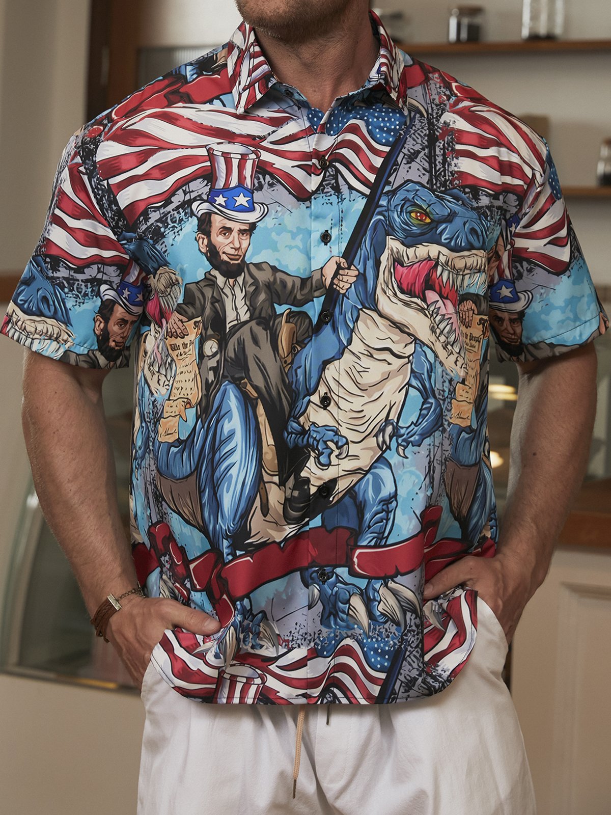 Hardaddy Flag Dinosaur Chest Pocket Short Sleeve Casual Shirt