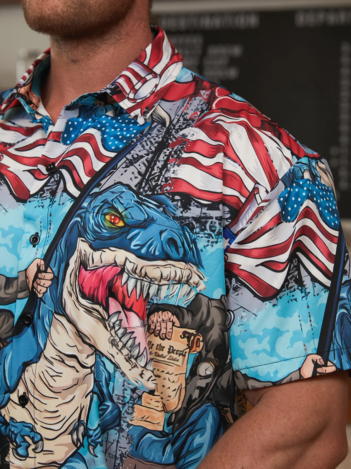 Hardaddy Flag Dinosaur Chest Pocket Short Sleeve Casual Shirt