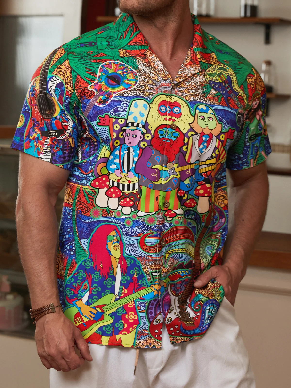 Hardaddy Hawaiian Hippie Retro Music Elements Men's Casual Short-sleeved Shirt
