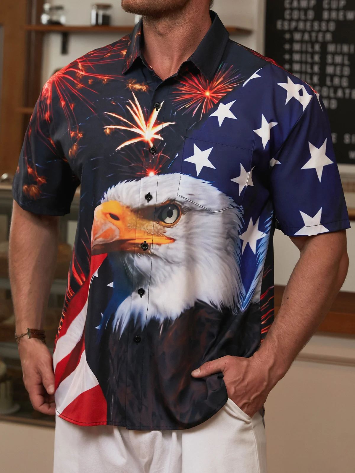 Hardaddy American Flag Chest Pocket Short Sleeve Casual Shirt