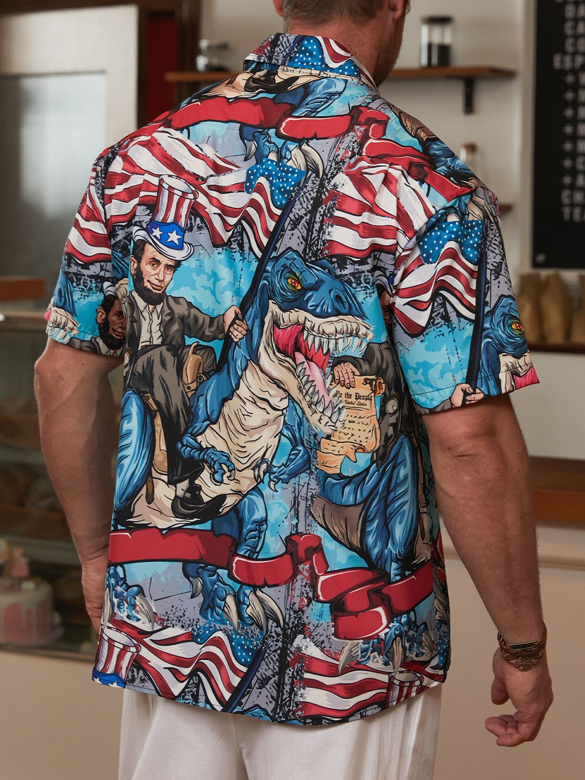 Hardaddy Flag Dinosaur Chest Pocket Short Sleeve Casual Shirt