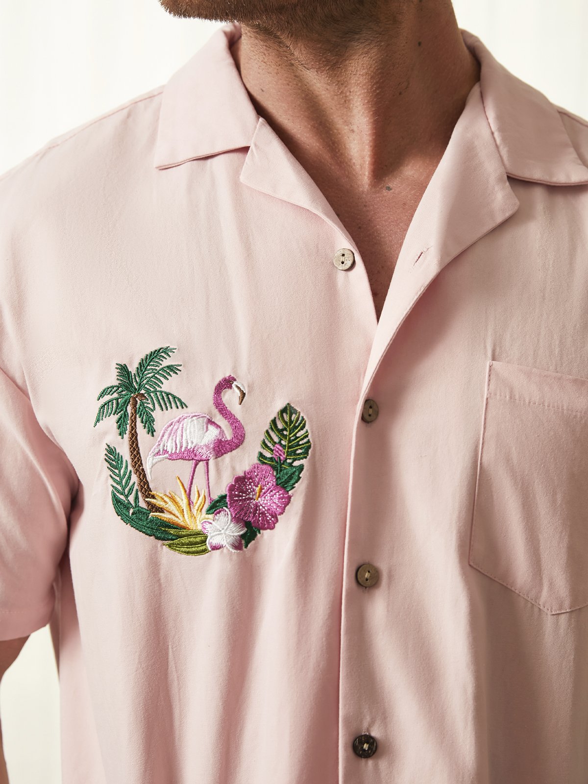Hardaddy® Cotton Flamingo Embroidered Aloha Shirt