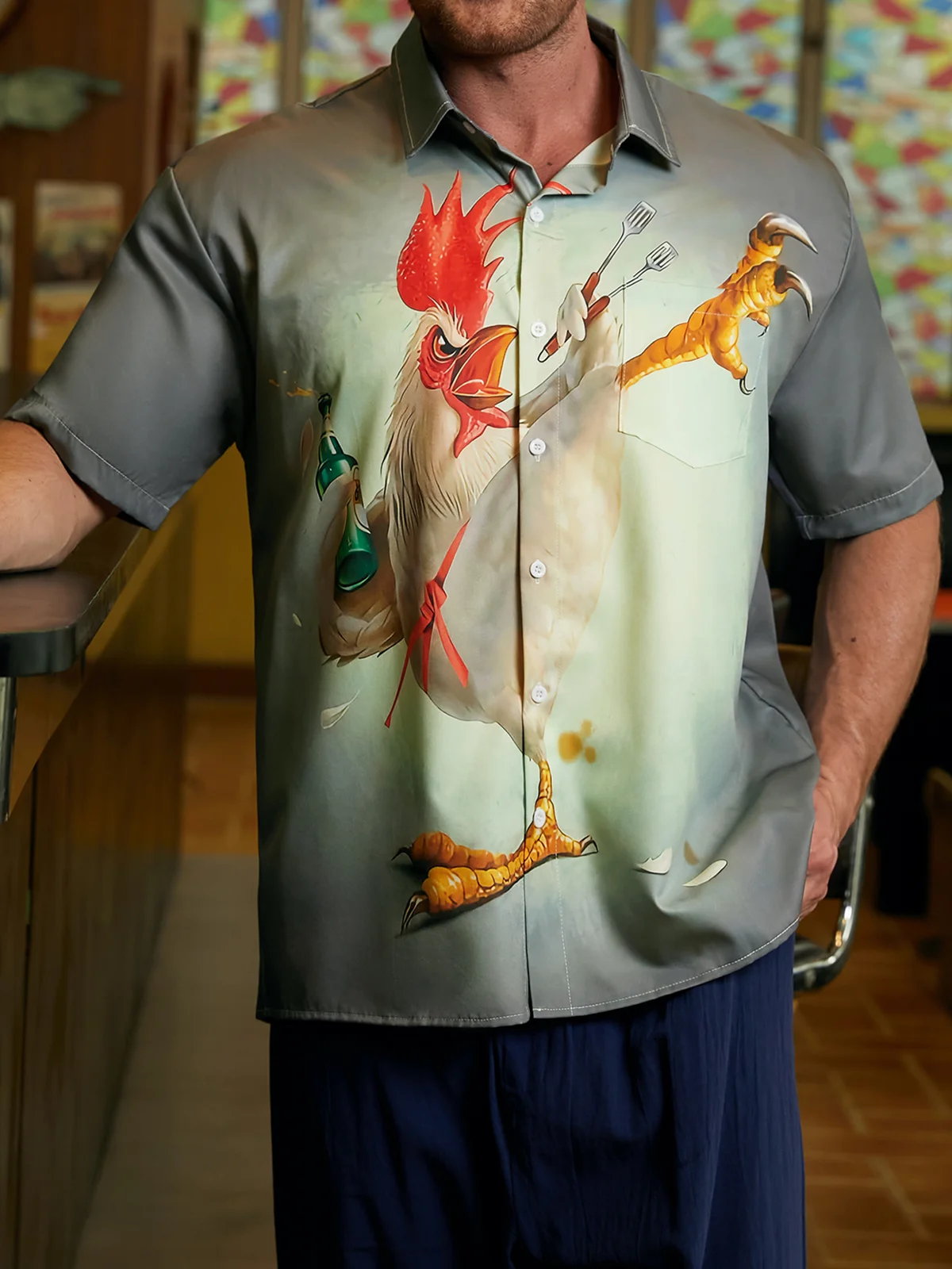 Hardaddy Kung fu Rooster Chest Pocket Short Sleeve Casual Shirt