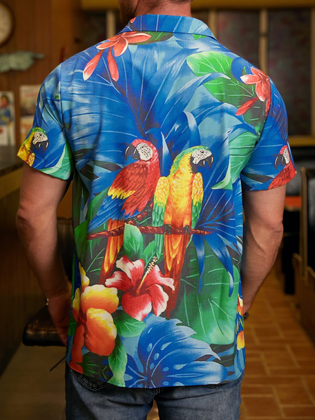 Hardaddy Mens Fancy Hawaiian Floral Parrots Print Casual Short Sleeve Aloha Shirt