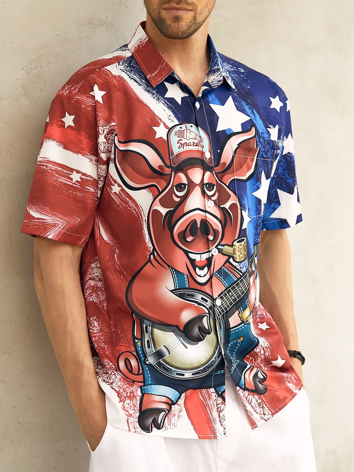 Flag Pig Guitar Chest Pocket Short Sleeve Casual Shirt