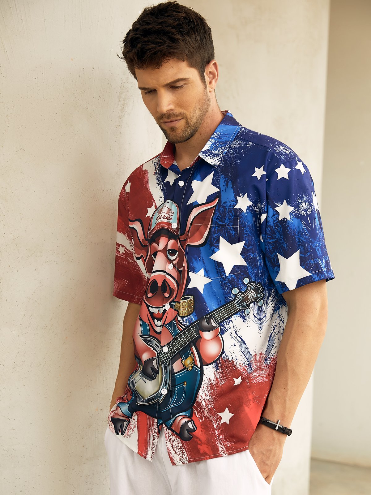 Flag Pig Guitar Chest Pocket Short Sleeve Casual Shirt