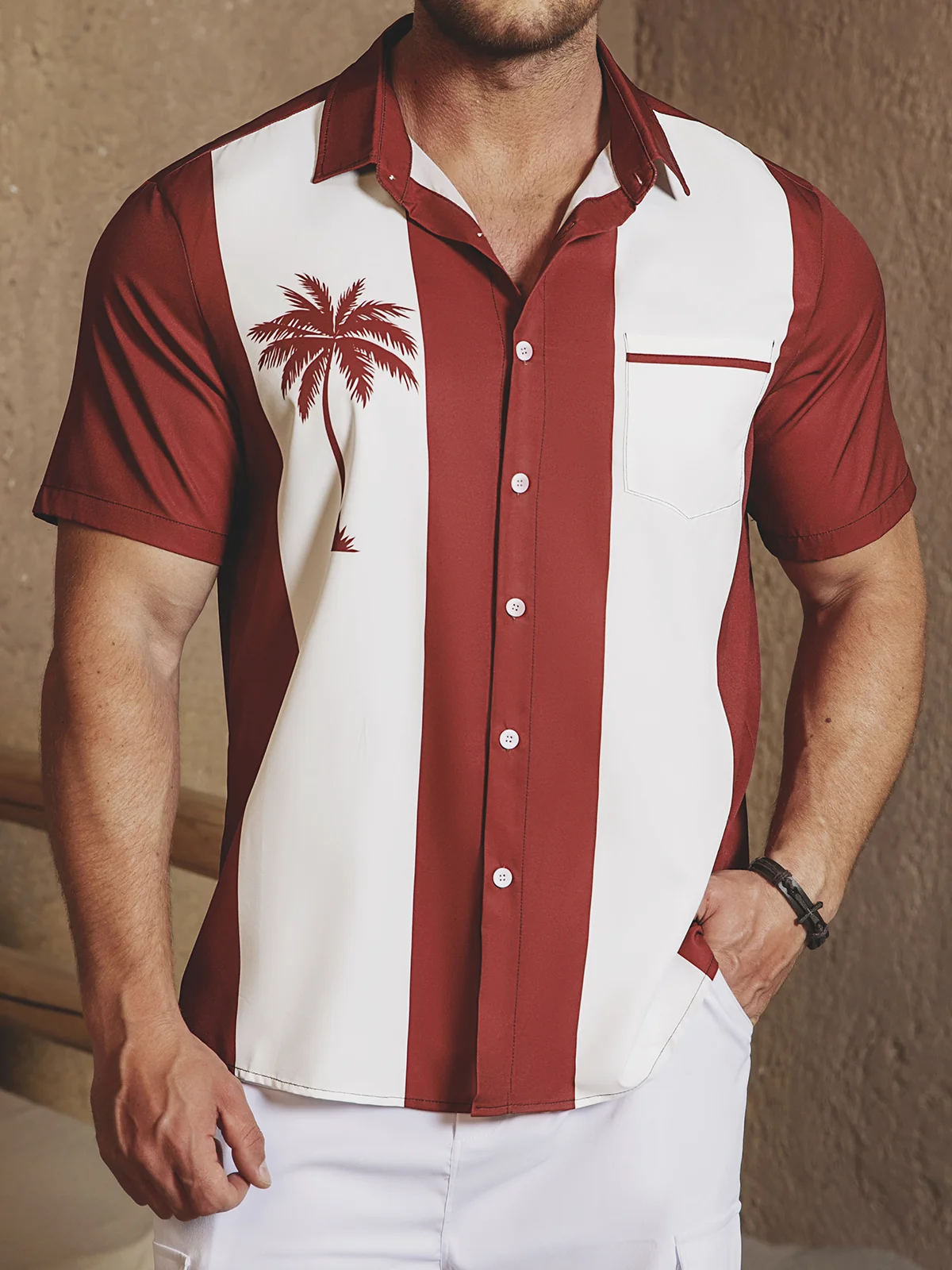 Shirts For Father Mens Retro Coconut Tree Print Lapel Loose Chest Pocket Short Sleeve Funky Bowling Shirt