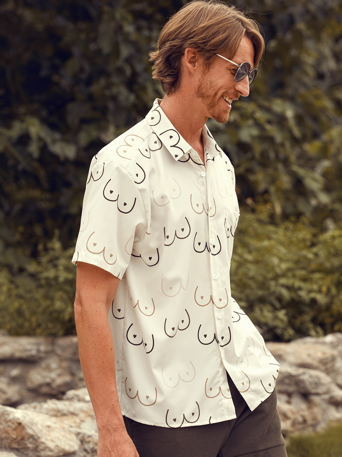 Hardaddy Moisture-Hawaiian Button Down Geometric Line Drawing Chest Pocket Short Sleeve Casual Titty Shirt
