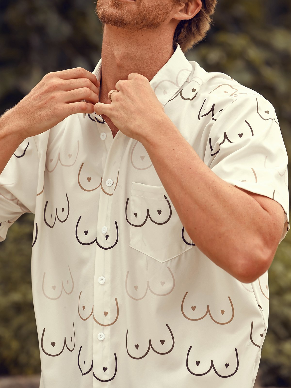Hardaddy Moisture-Hawaiian Button Down Geometric Line Drawing Chest Pocket Short Sleeve Casual Titty Shirt