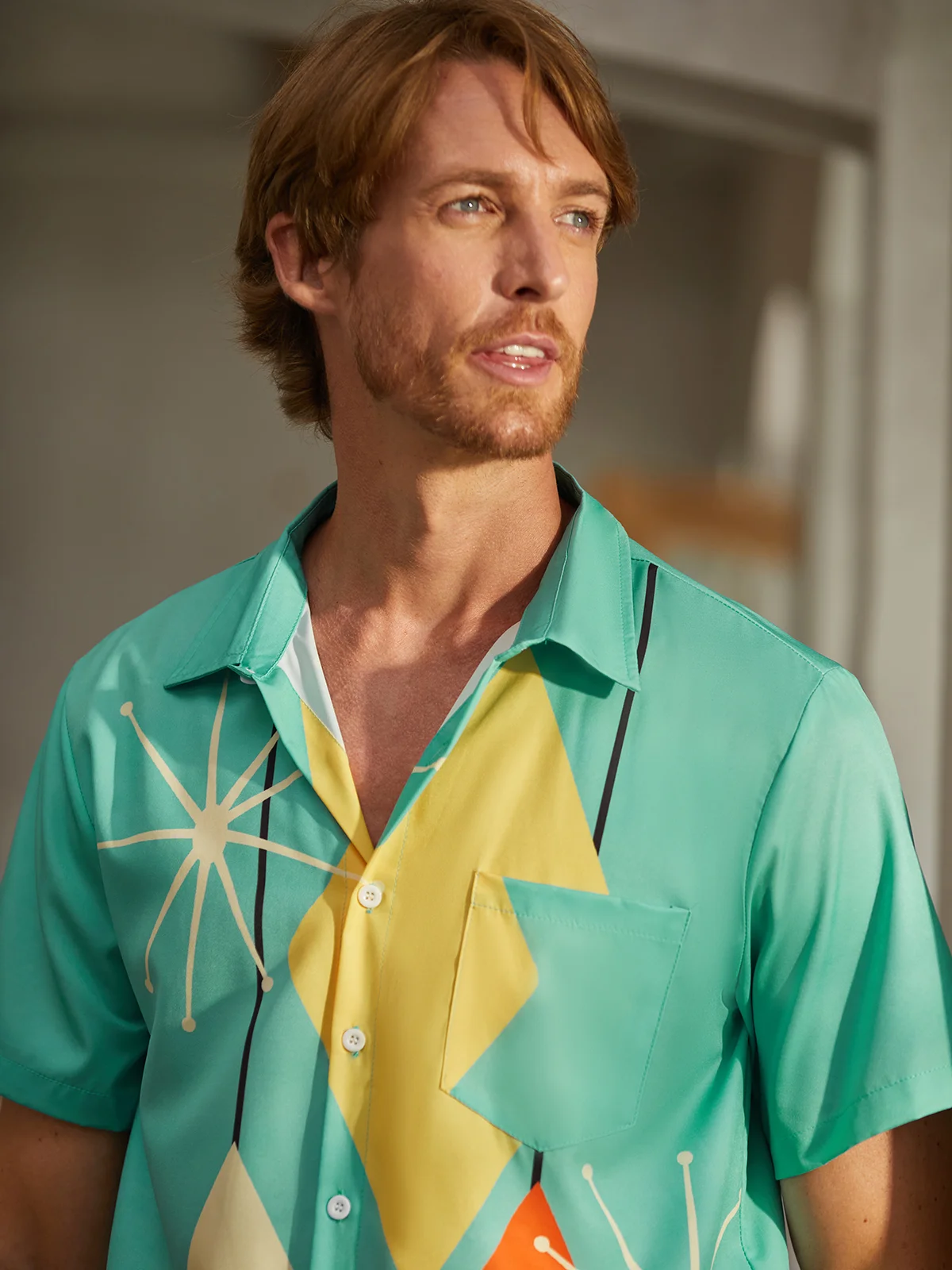 Hardaddy Men Printed Casual Summer Polyester Pockets Shirt Collar No Elasticity Regular H-Line Shirt