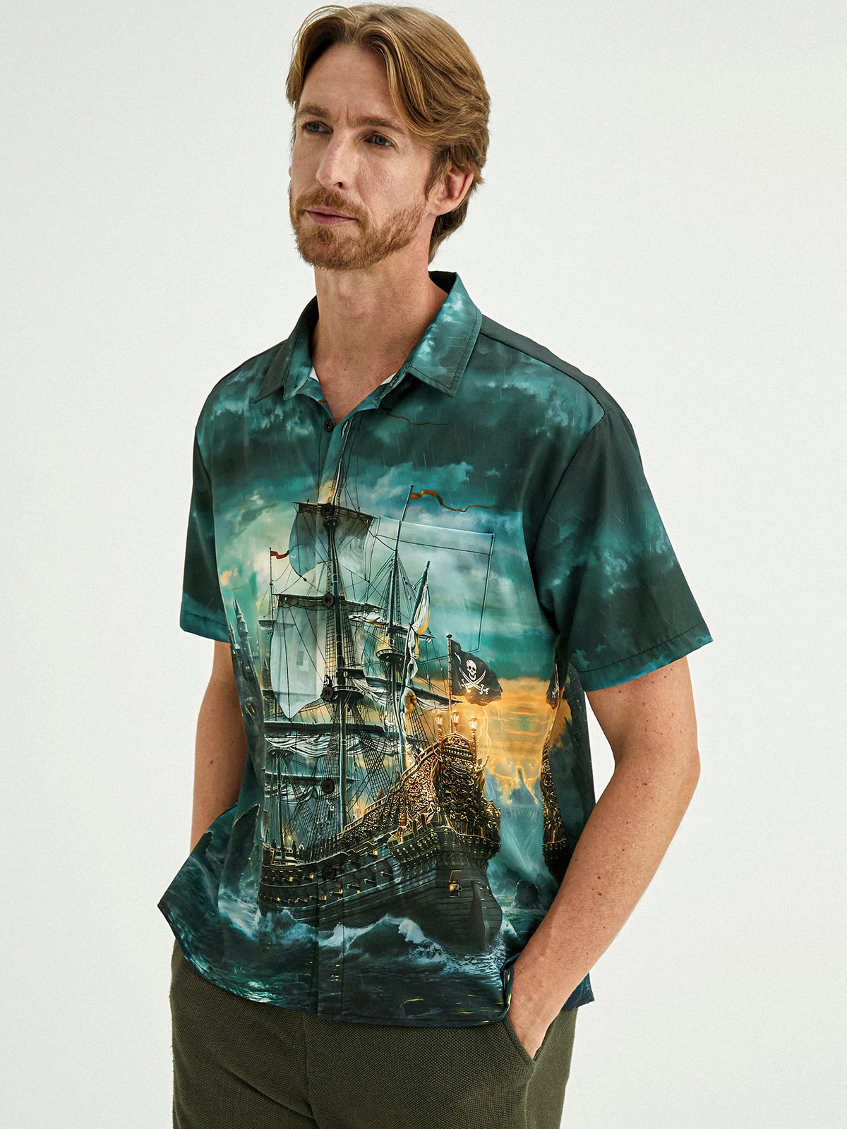 Hardaddy Nautical Button Down Shirts Corsair Chest Pocket Short Sleeve Hawaiian Shirt