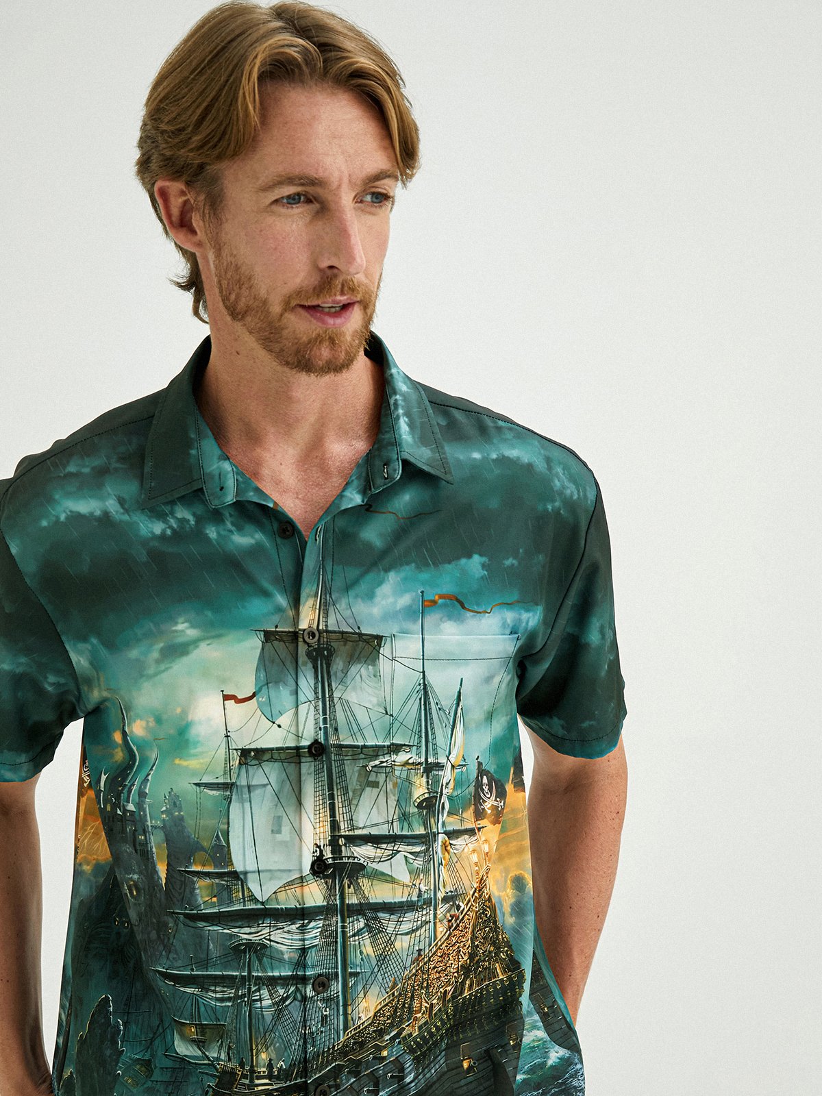 Hardaddy Nautical Button Down Shirts Corsair Chest Pocket Short Sleeve Hawaiian Shirt