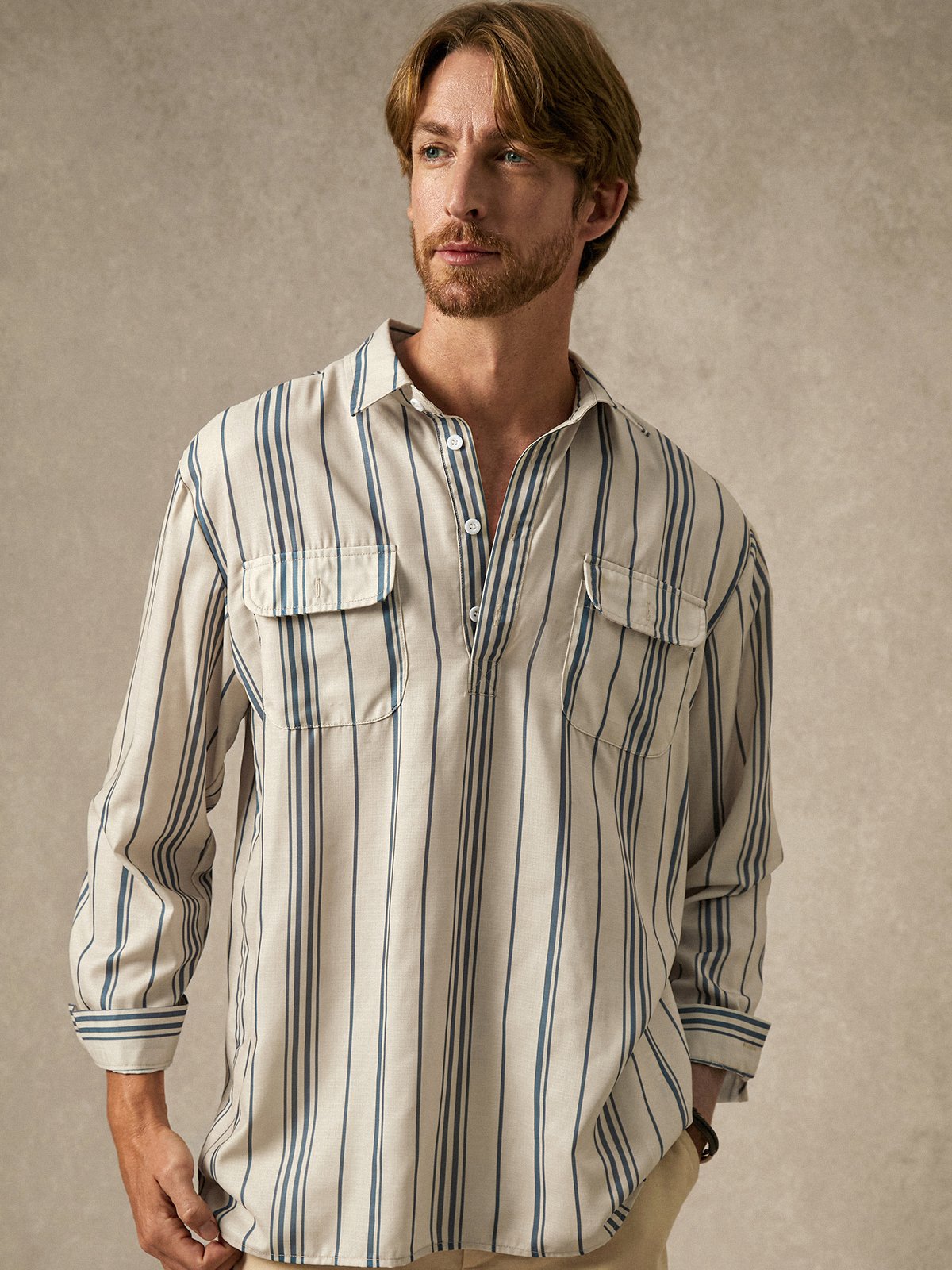 Hardaddy Stripes Flap Pockets Long Sleeve Casual Shirt