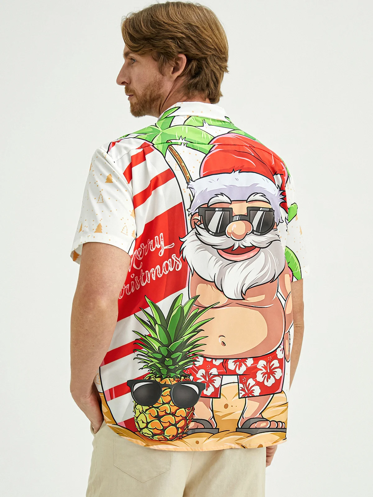 Hardaddy Mens Christmas Santa Surfing Print Front Buttons Soft Breathable Chest Pocket Casual Hawaiian Shirt