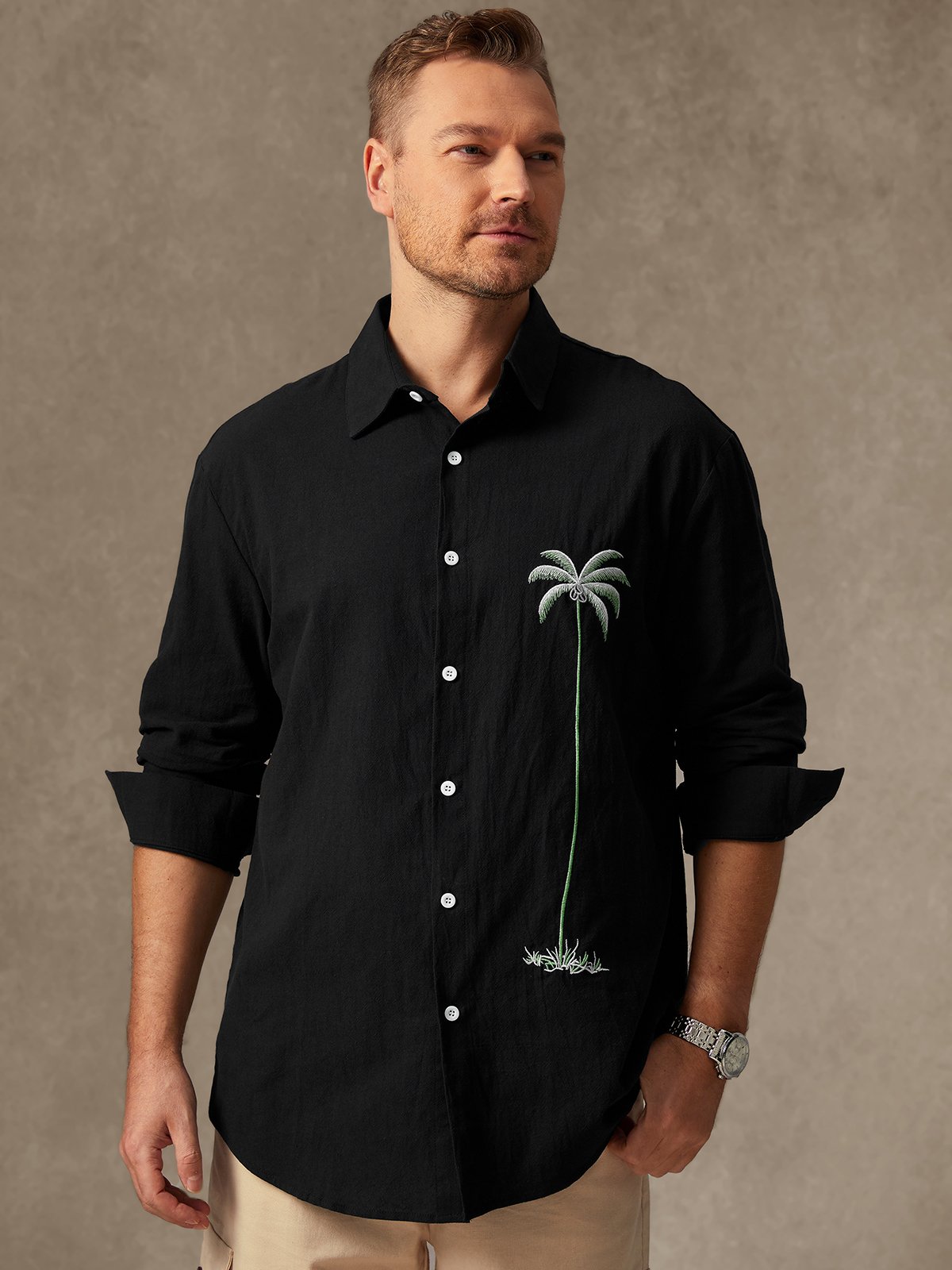 Hardaddy Cotton Coconut Tree Embroidered Long Sleeve Casual Shirt