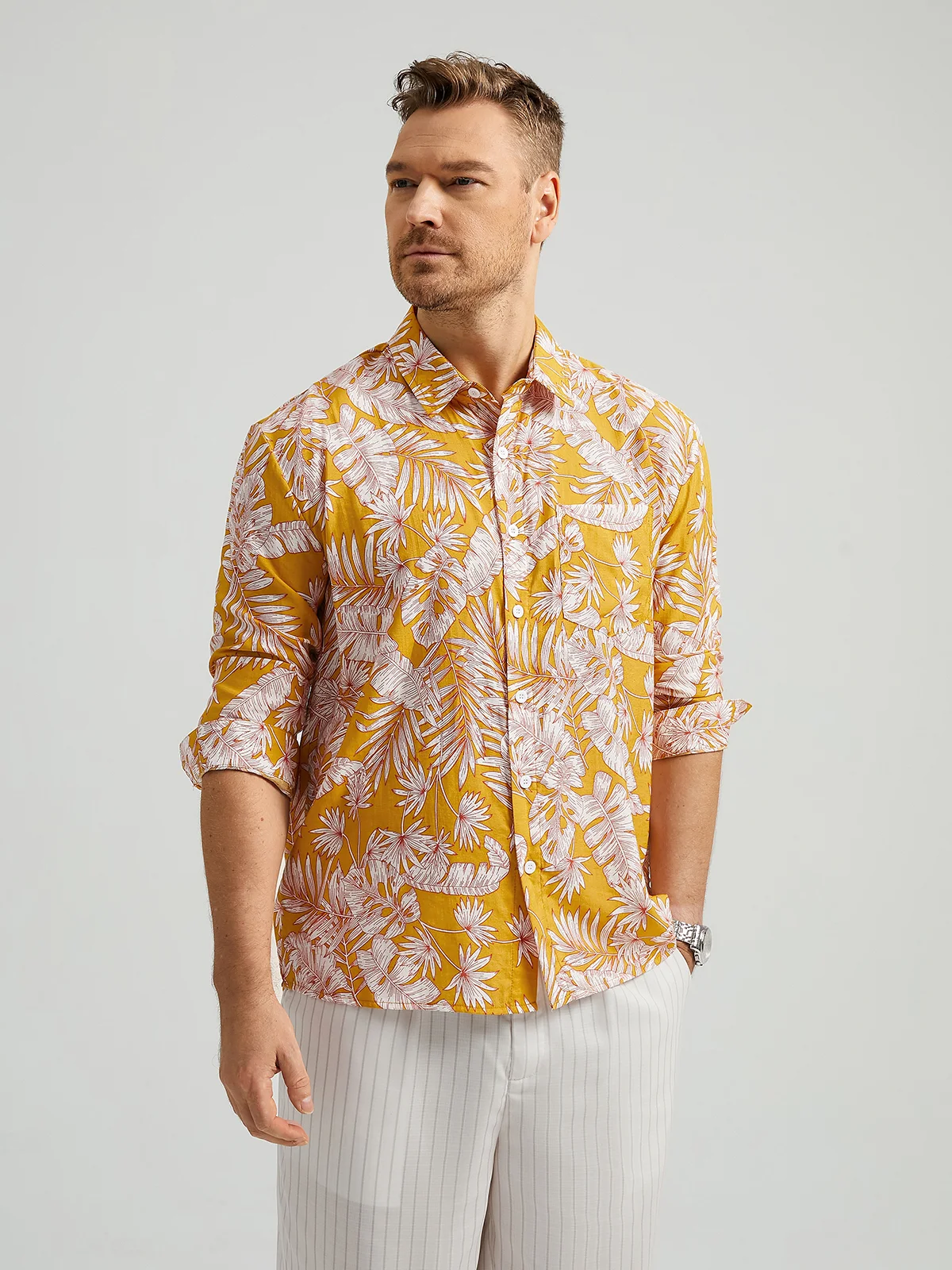 Hardaddy Tropical Floral Chest Pocket Long Sleeve Casual Shirt