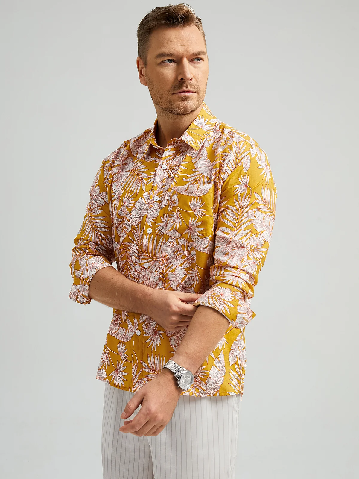 Hardaddy Tropical Floral Chest Pocket Long Sleeve Casual Shirt