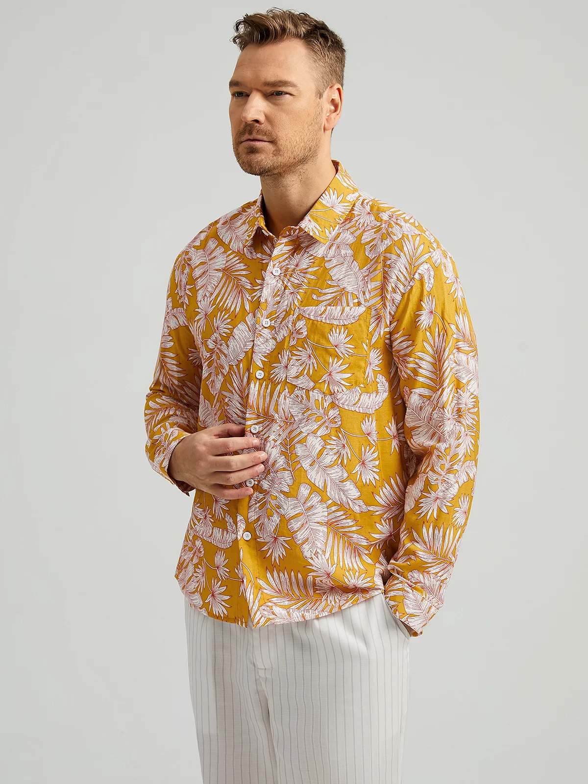 Hardaddy Tropical Floral Chest Pocket Long Sleeve Casual Shirt