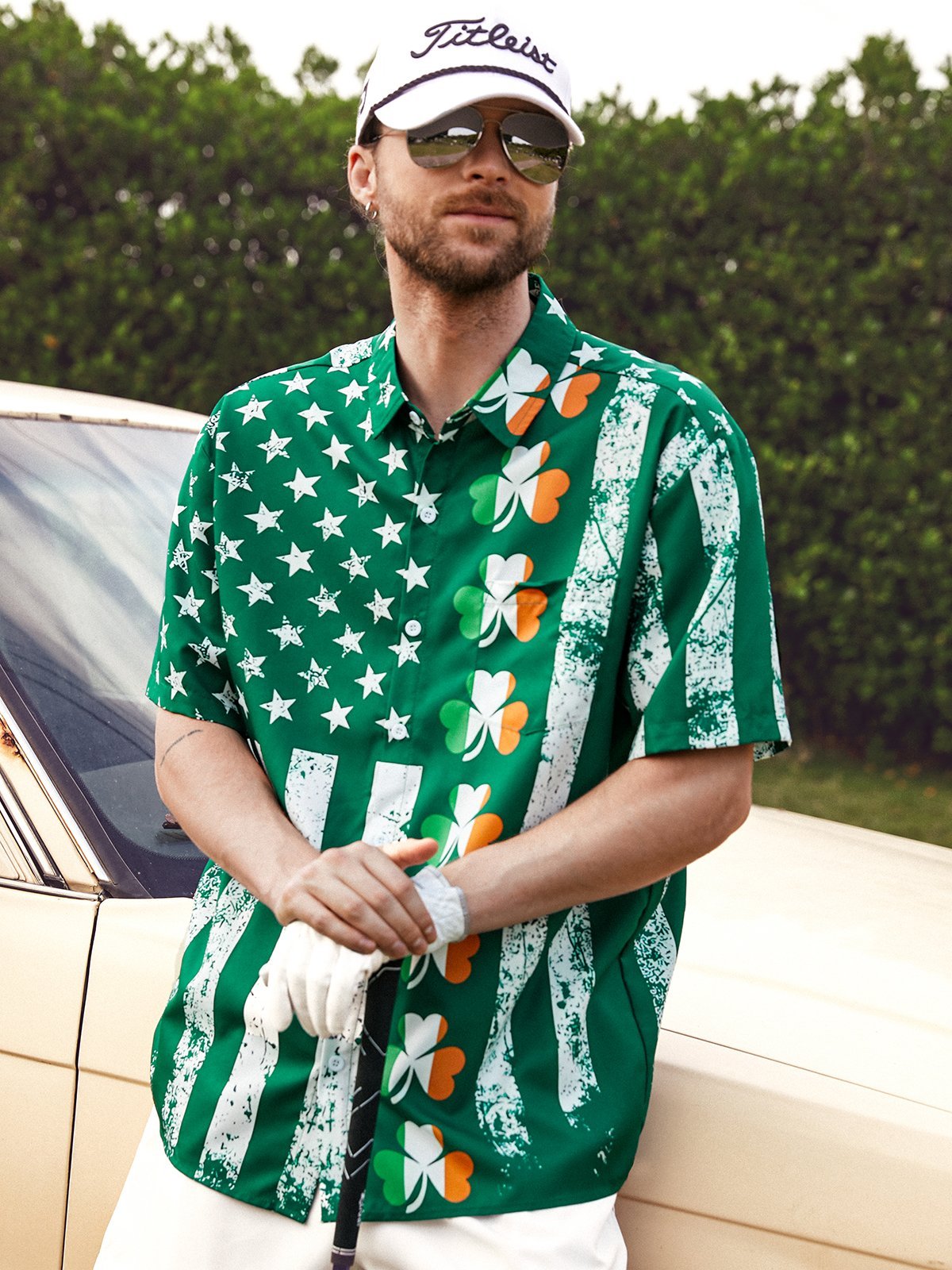 Hardaddy Hawaiian Button Up Shirt for Men Green St. Patrick's Day Lucky Clover American Flag Sharmark Regular Fit Short Sleeve Shirt St Paddy's Day Shirt