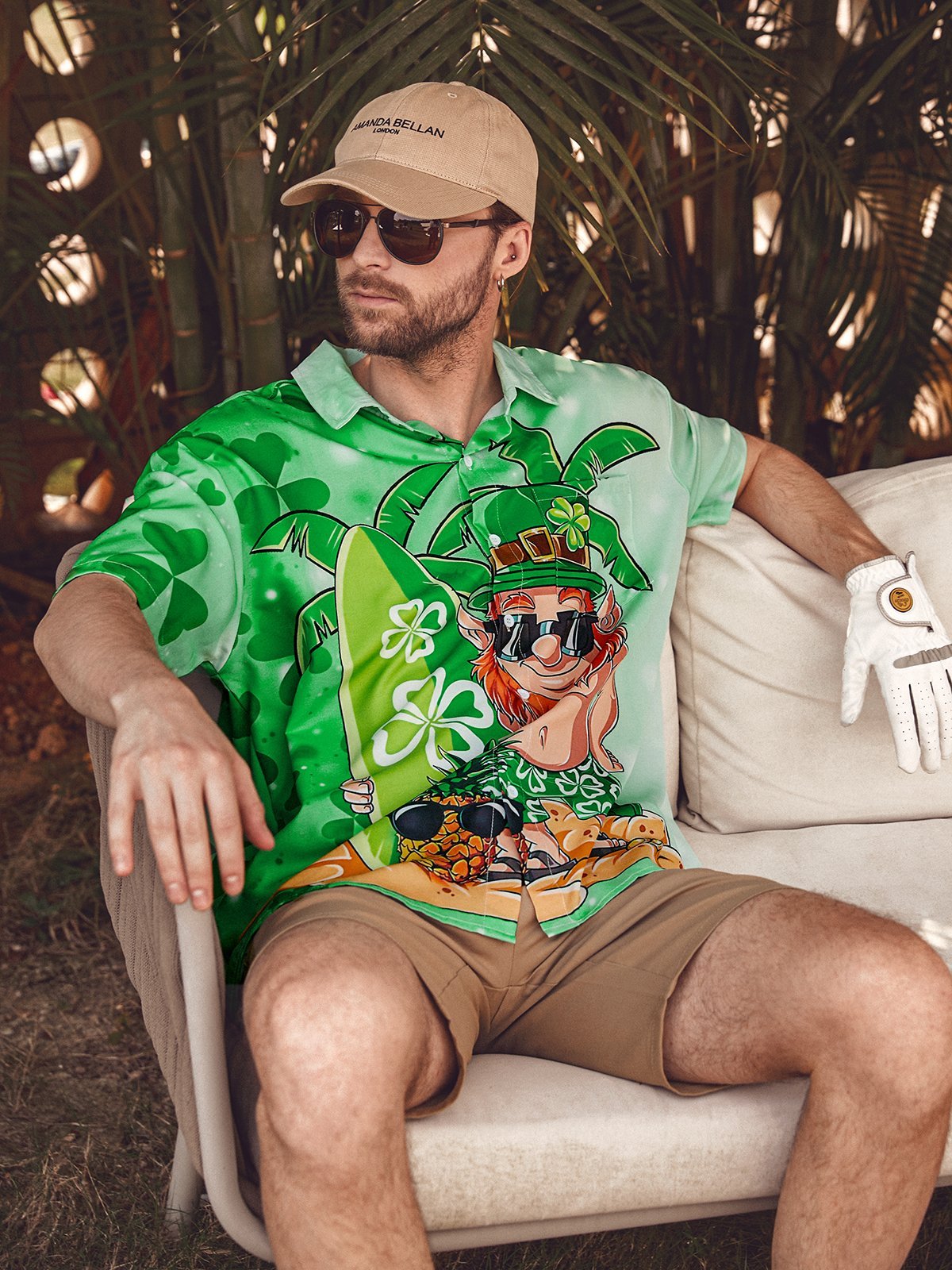Hardaddy Hawaiian Button Up Shirt for Men Green St. Patrick's Day Lucky Clover Beach Paddleboard Regular Fit Short Sleeve Shirt St Paddy's Day Shirt