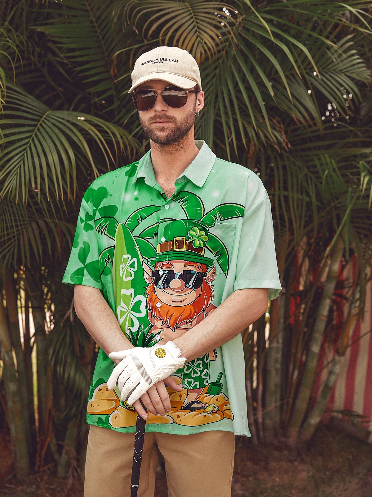 Hardaddy Hawaiian Button Up Shirt for Men Green St. Patrick's Day Lucky Clover Beach Paddleboard Regular Fit Short Sleeve Shirt St Paddy's Day Shirt