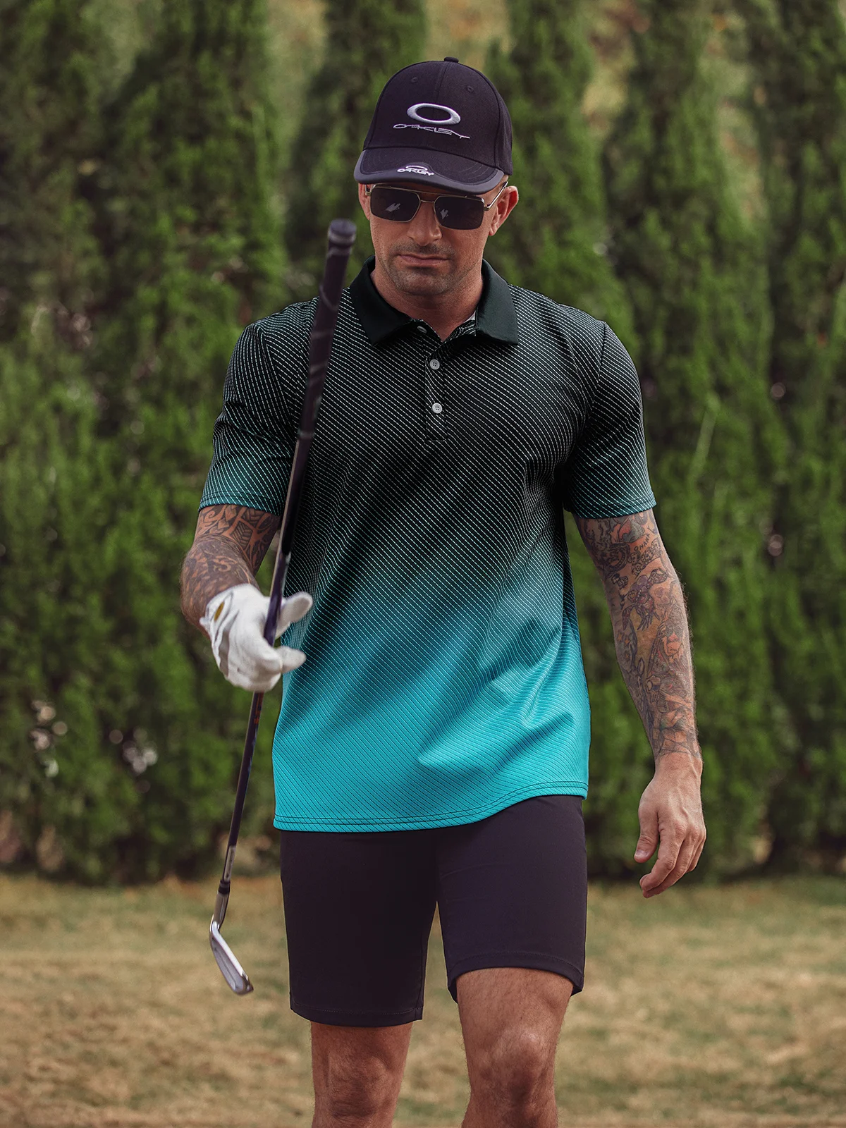 Hardaddy Black-green Abstract Gradient Geometric Regular Fit Button Short Sleeve Golf Polo Shirt