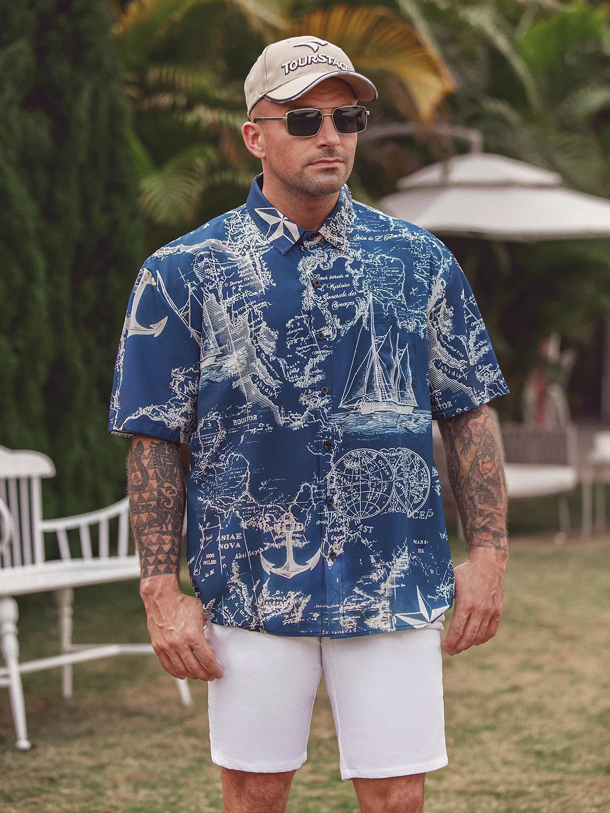 Hardaddy Nautical Map Chest Pocket Short Sleeve Hawaii Shirt
