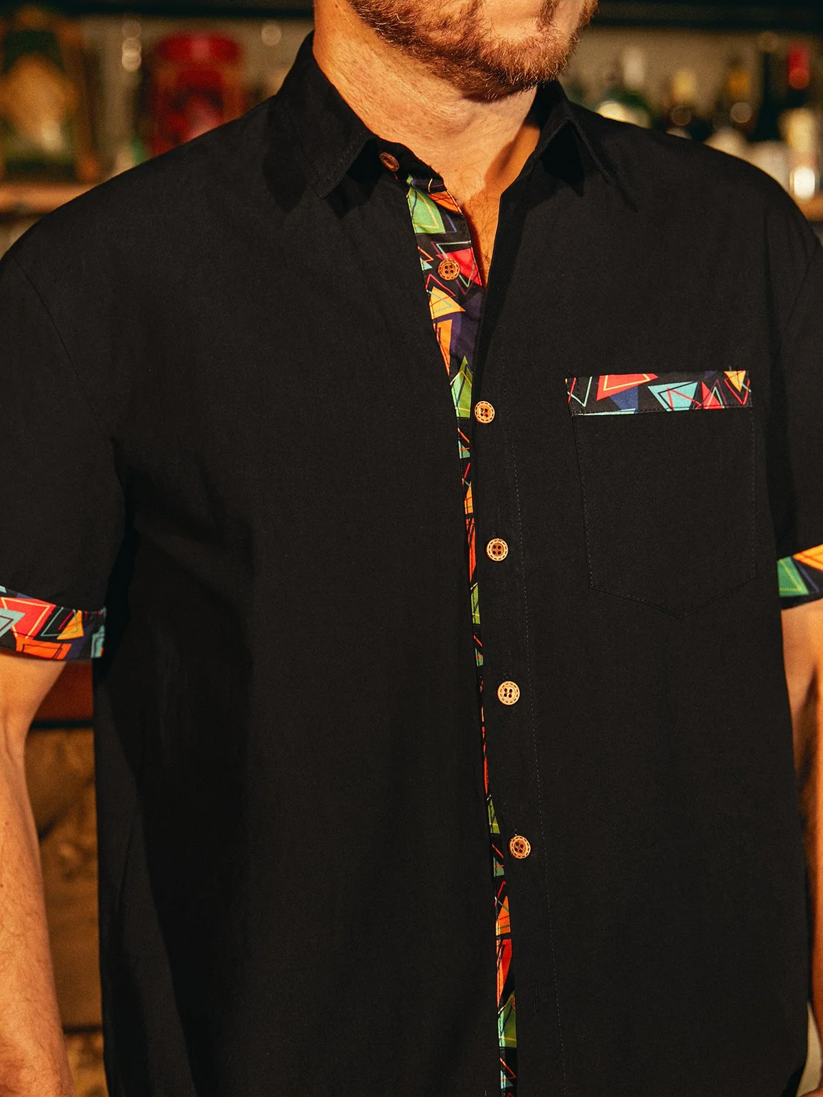 Hardaddy 100% Cotton Black Patchwork Short Sleeve Resort Comfy Shirt Hawaiian Daily Shirt