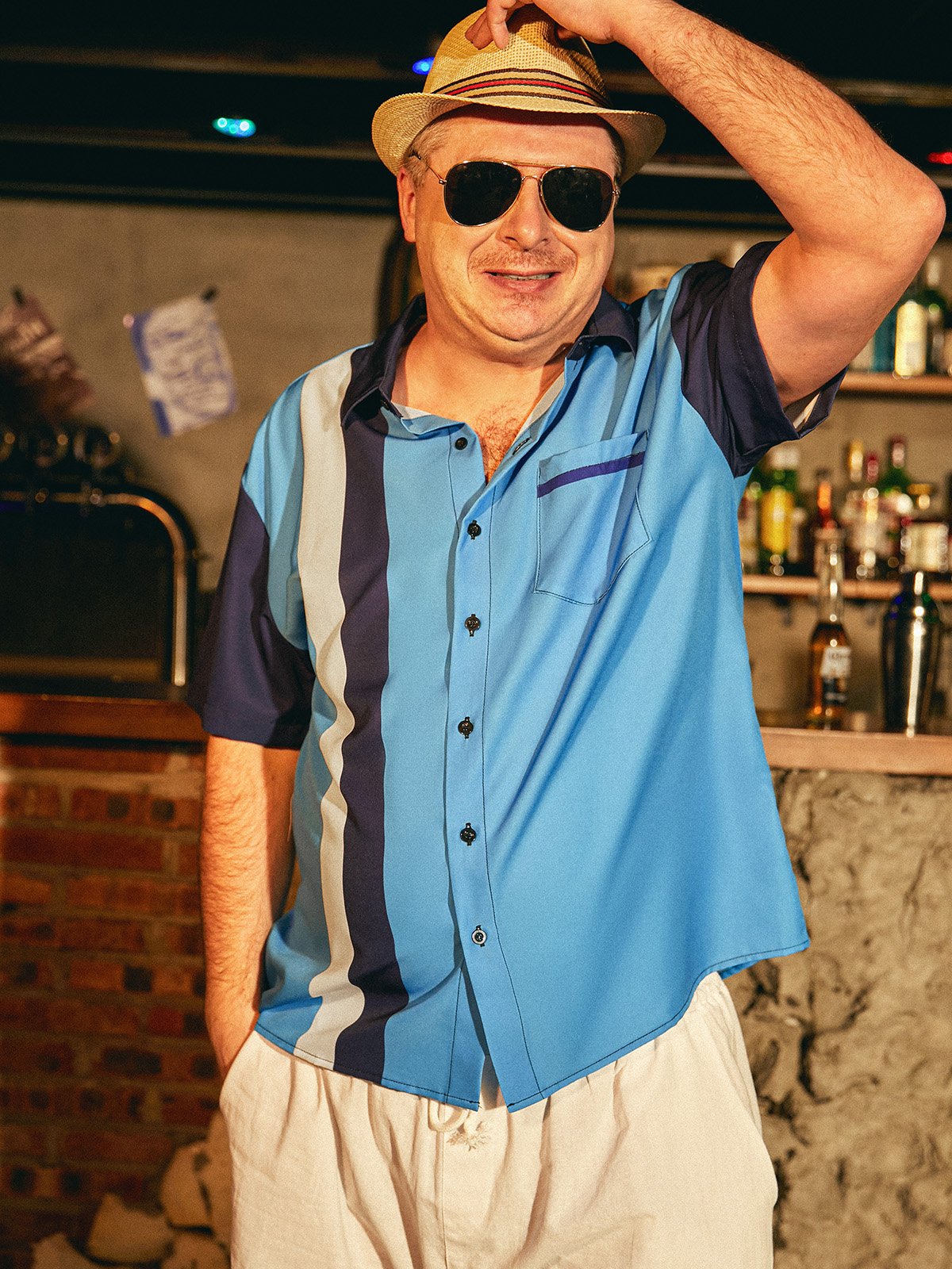 Hardaddy Football Striped Chest Pocket Short Sleeve Bowling Shirt