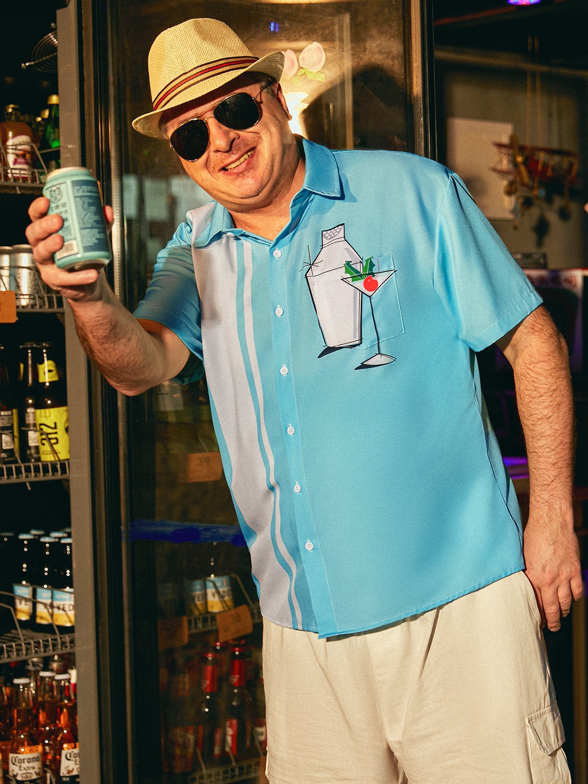 Hardaddy Cocktail Party Blue Regular Fit Chest Pocket Short Sleeve Bowling Shirt For Men