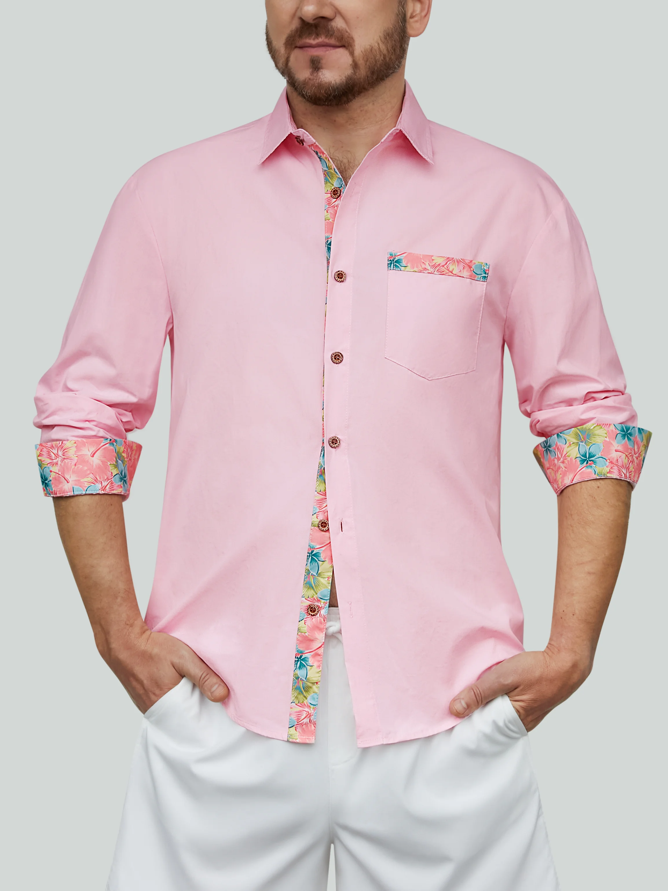 Hardaddy Cotton Paneling Floral Chest Pocket Long Sleeve Shirt