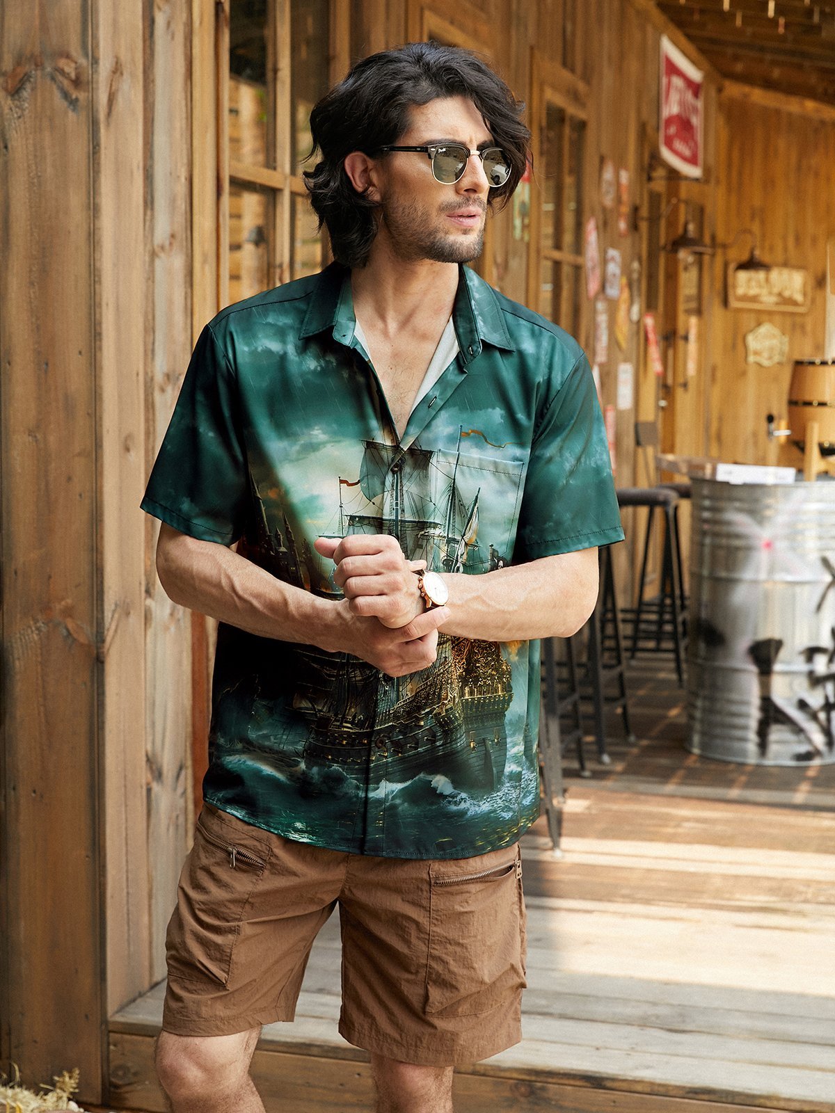 Hardaddy Nautical Button Down Shirts Corsair Chest Pocket Short Sleeve Hawaiian Shirt