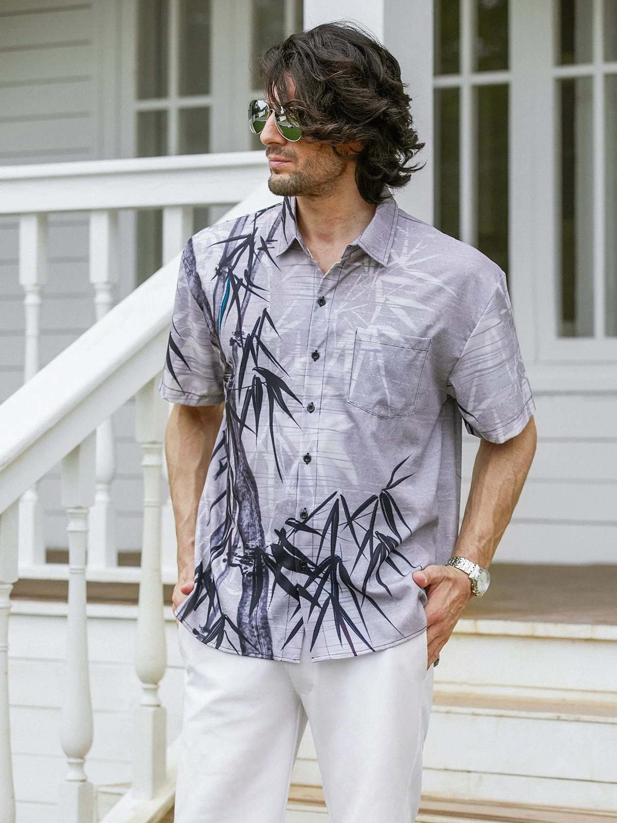 Hardaddy Hawaiian Shirt for Men Grey Bamboo Chest Pocket Short Sleeve Casual Button Down Shirt